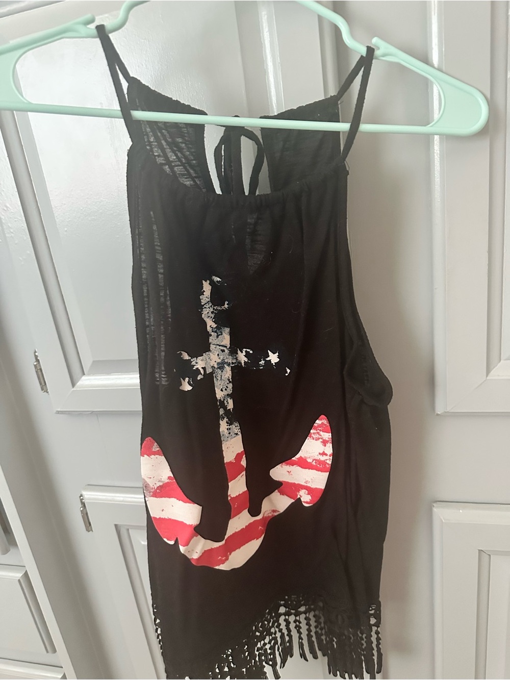 Black Fringe Tank Top with American Anchor Graphic